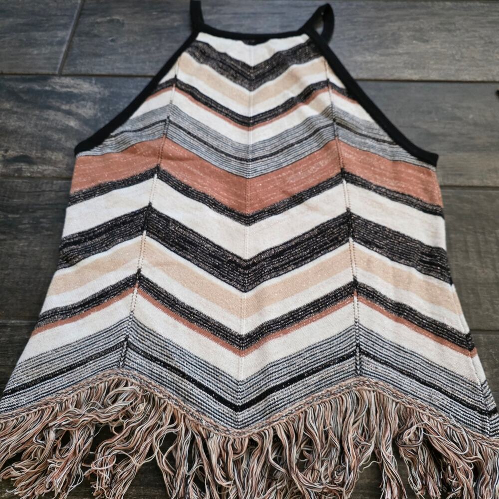 #394 Shyanne Chevron Fringe Tank Top - Black, Brown, Cream